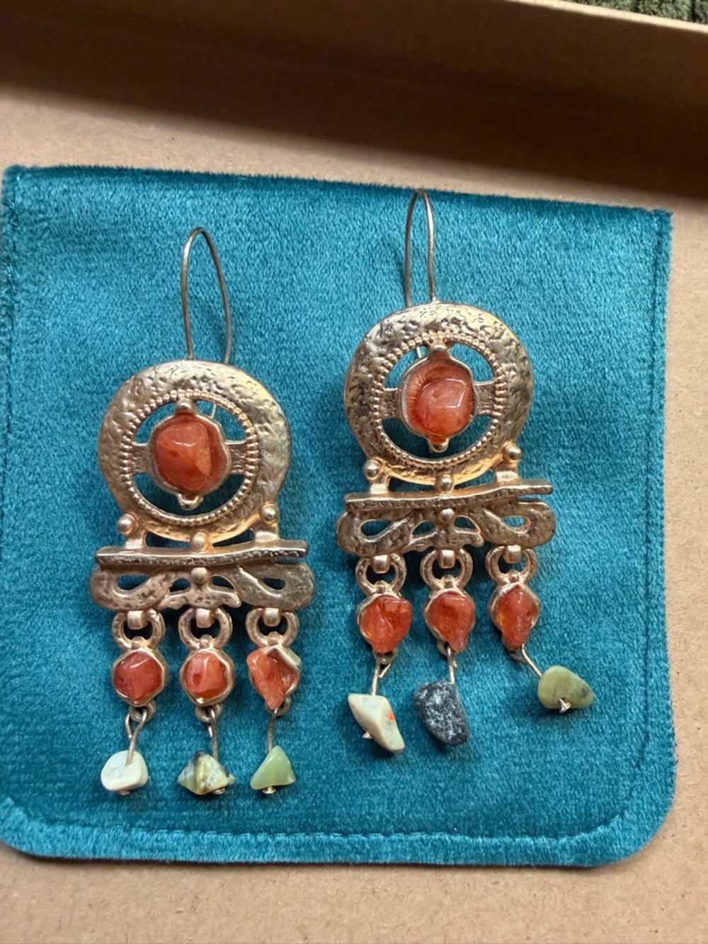Handcrafted Boho Coral and green Drop Earrings